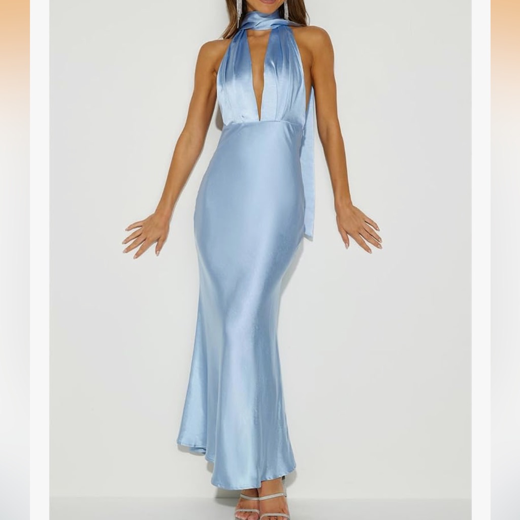 Satin Halter Deep V Neck Wedding Guest Maxi Dress
